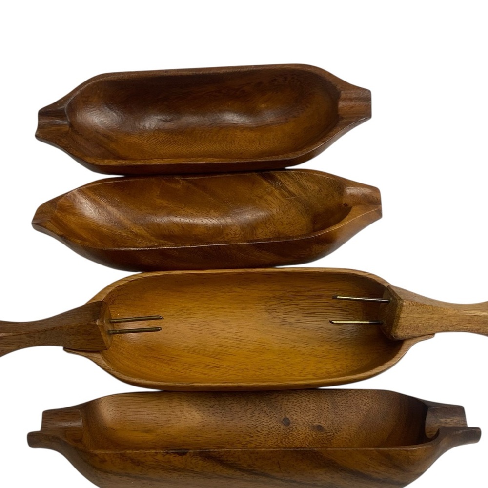 Vintage MCM Corn Holders and Boats Monkey Pod Set of 5 Wood - Picture 5 of 10